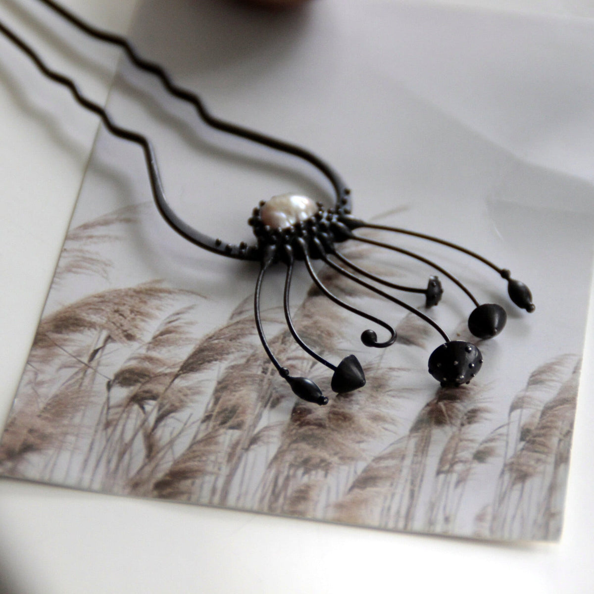 Pearl Amanita Mushroom Hair Pin – Blackened Copper