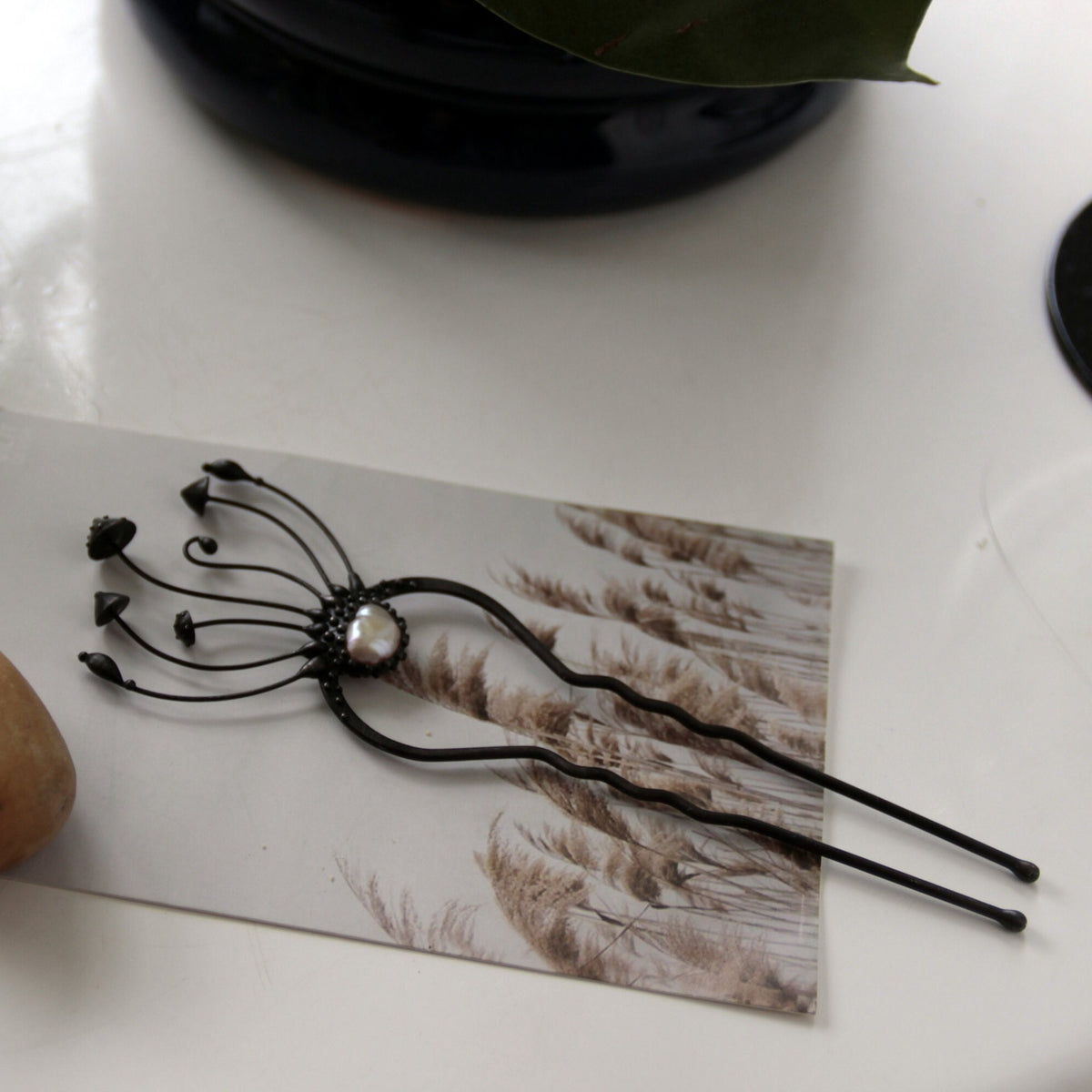Pearl Amanita Mushroom Hair Pin – Blackened Copper