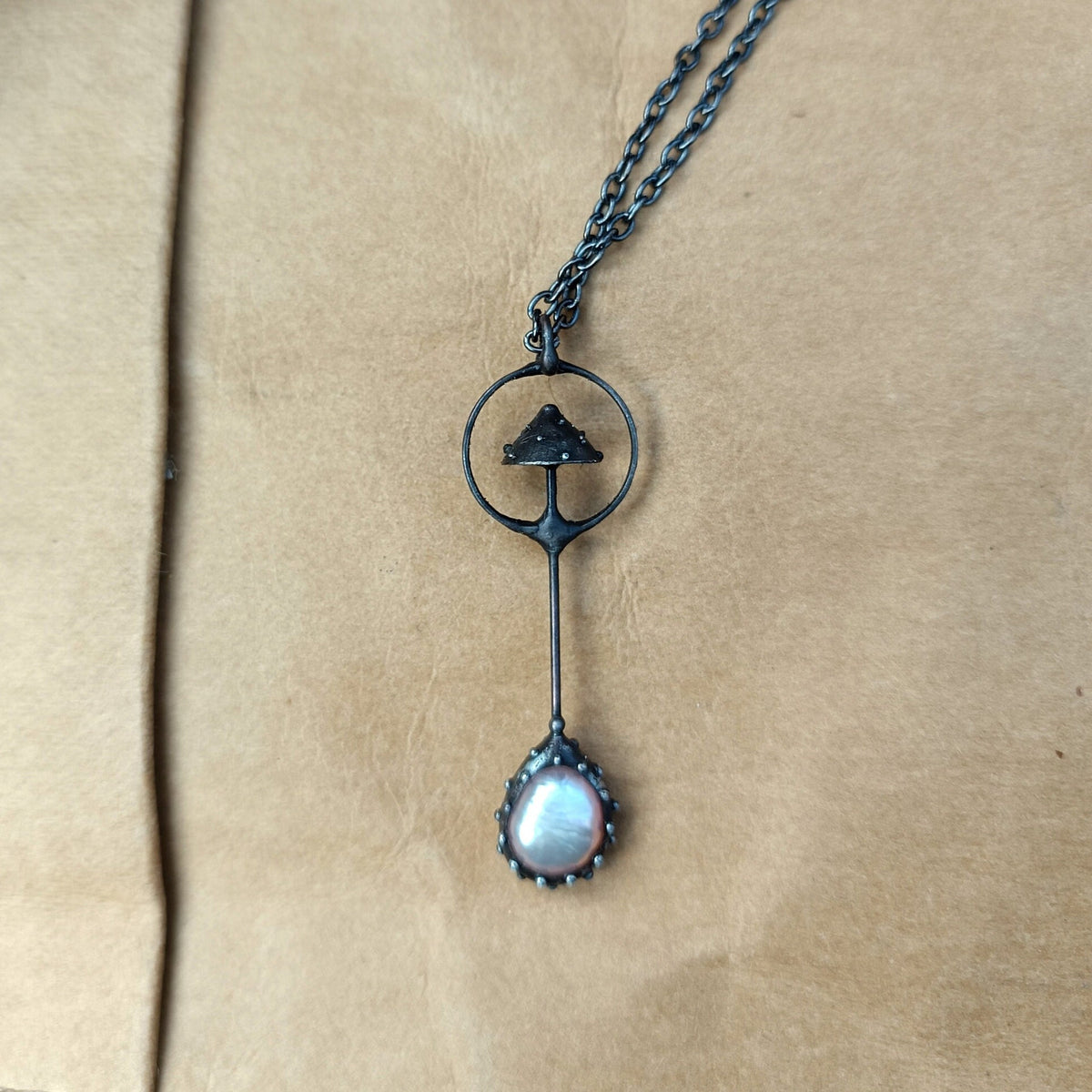 Pink Pearl Amanita Mushroom Necklace – Blackened Copper