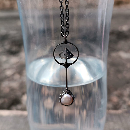 Pink Pearl Amanita Mushroom Necklace – Blackened Copper