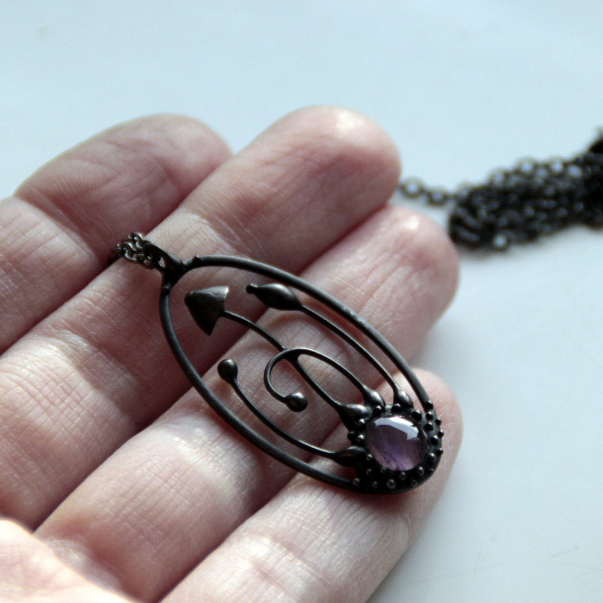 Amethyst Mushroom Necklace – Blackened Copper & Pewter Oval Forest Pendant – Botanical