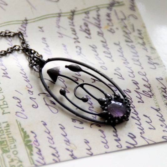 Amethyst Mushroom Necklace – Blackened Copper & Pewter Oval Forest Pendant – Botanical