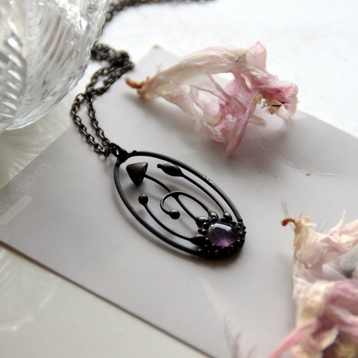 Amethyst Mushroom Necklace – Blackened Copper & Pewter Oval Forest Pendant – Botanical