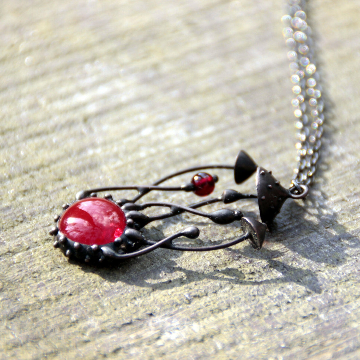 Red Glass Amanita Mushroom Necklace – Blackened Copper & Pewter Forest Pendant – Botanical