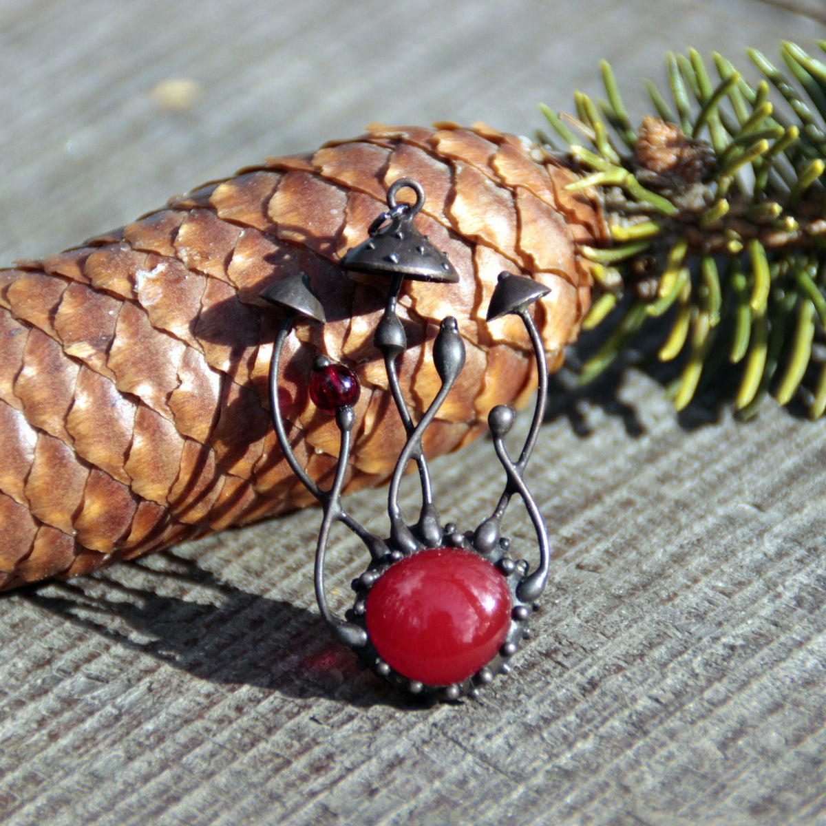 Red Glass Amanita Mushroom Necklace – Blackened Copper & Pewter Forest Pendant – Botanical