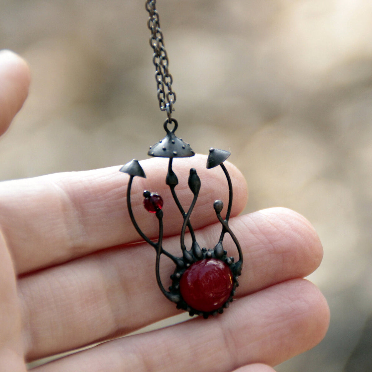 Red Glass Amanita Mushroom Necklace – Blackened Copper & Pewter Forest Pendant – Botanical