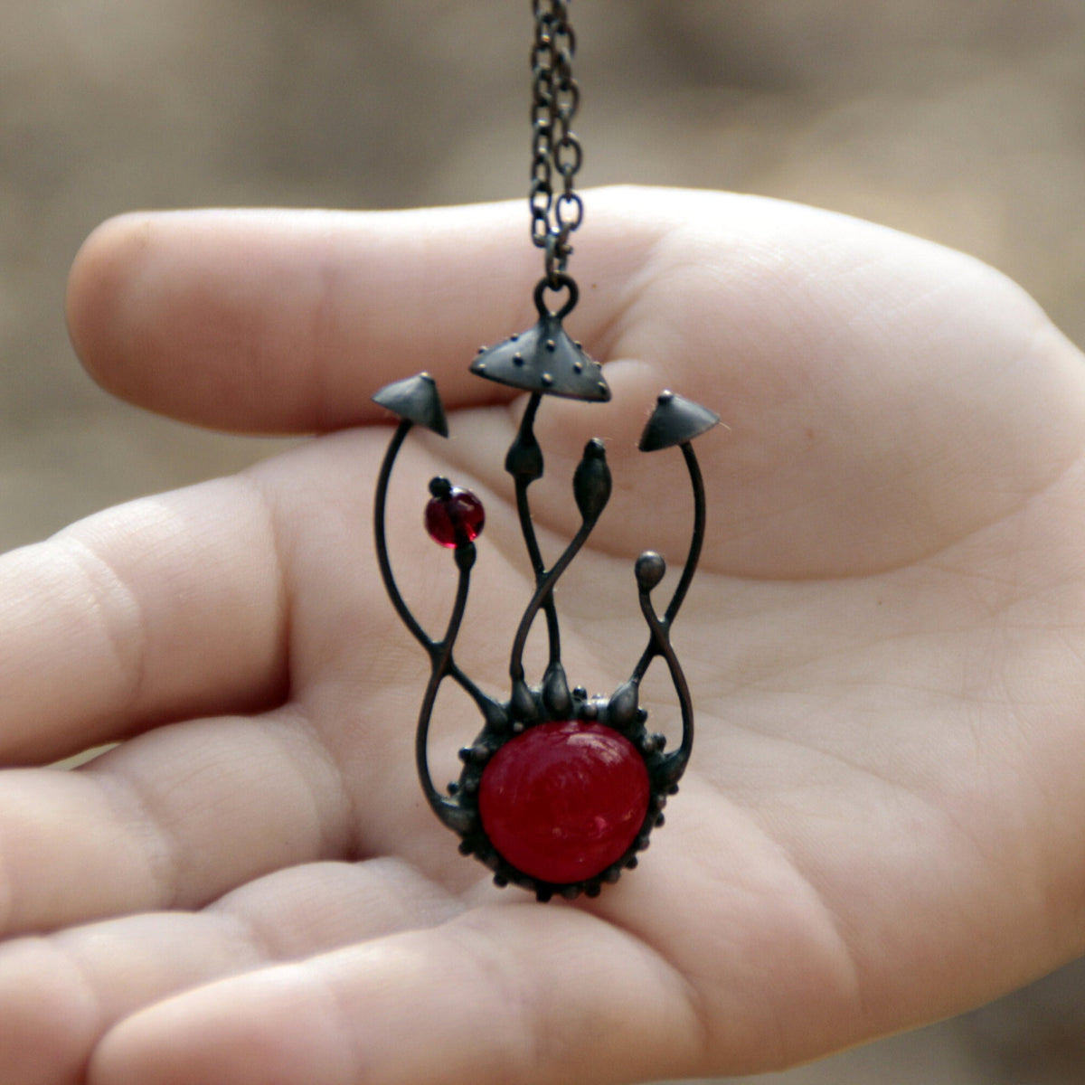 Red Glass Amanita Mushroom Necklace – Blackened Copper & Pewter Forest Pendant – Botanical