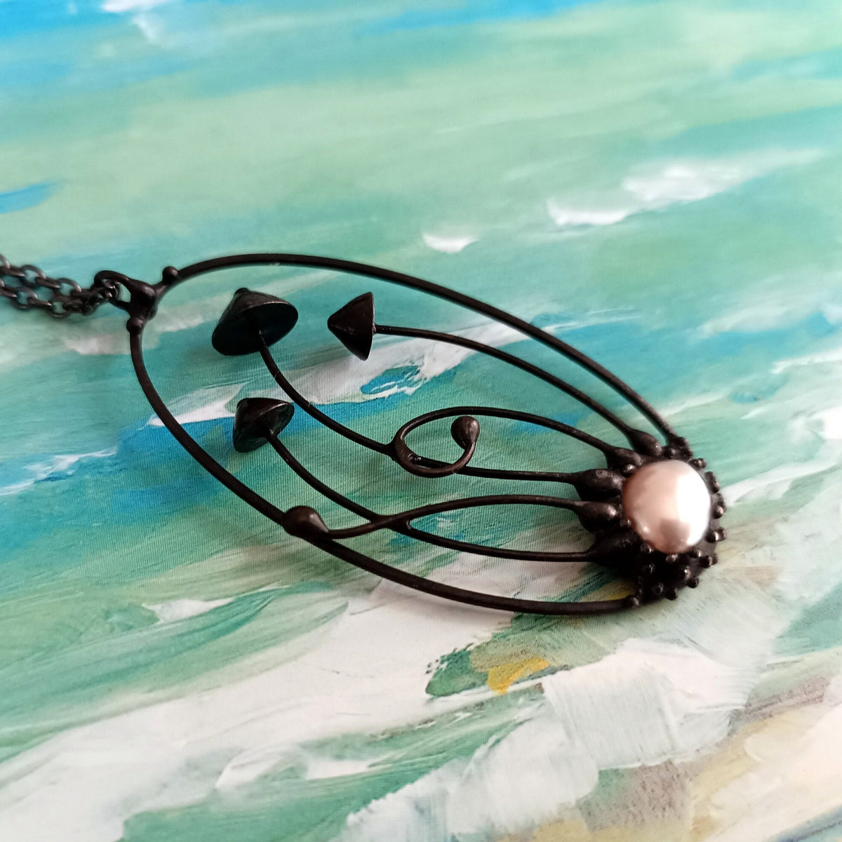 Pearl Mushroom Necklace – Blackened Copper