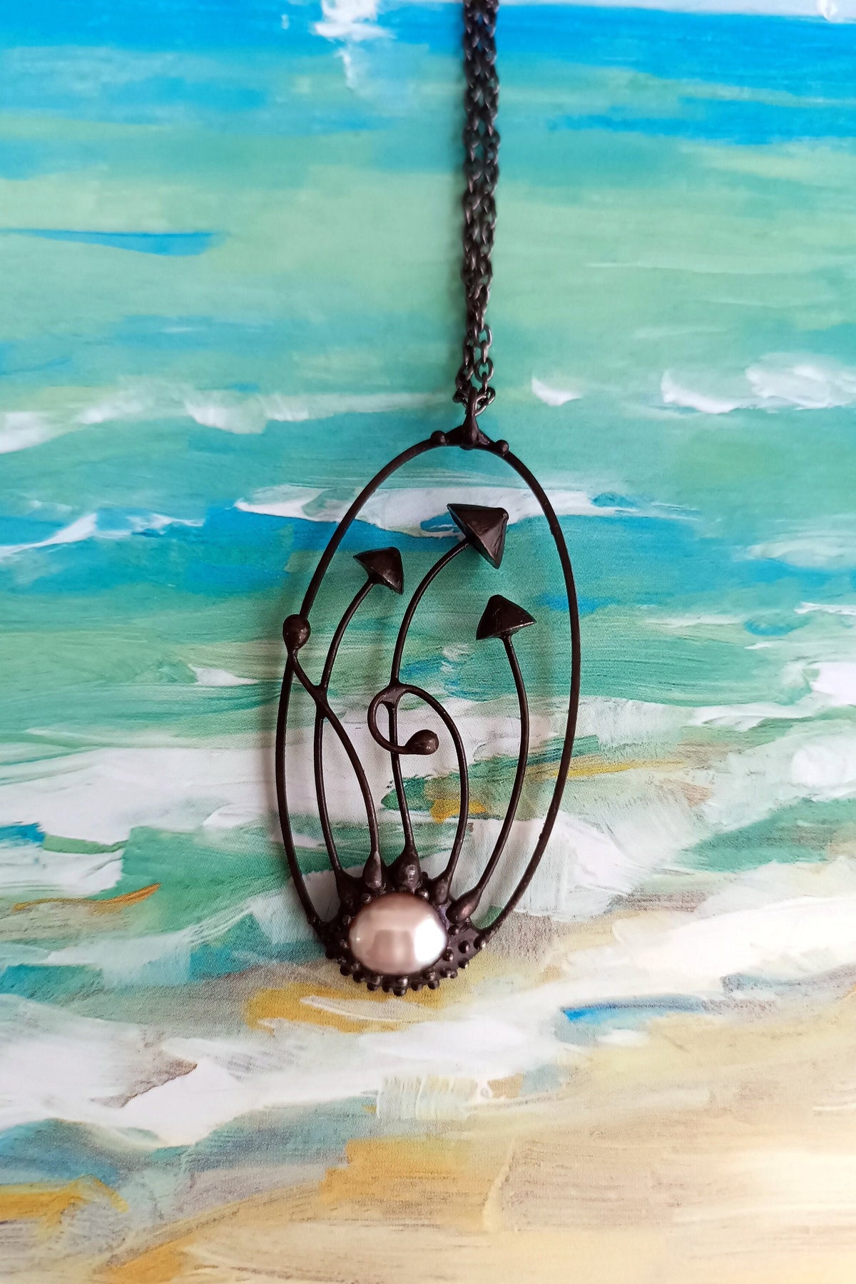 Pearl Mushroom Necklace – Blackened Copper