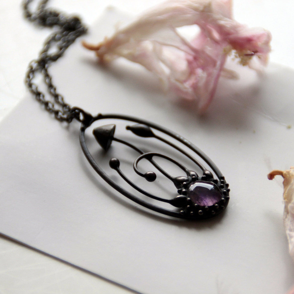 Amethyst Mushroom Necklace – Blackened Copper & Pewter Oval Forest Pendant – Botanical