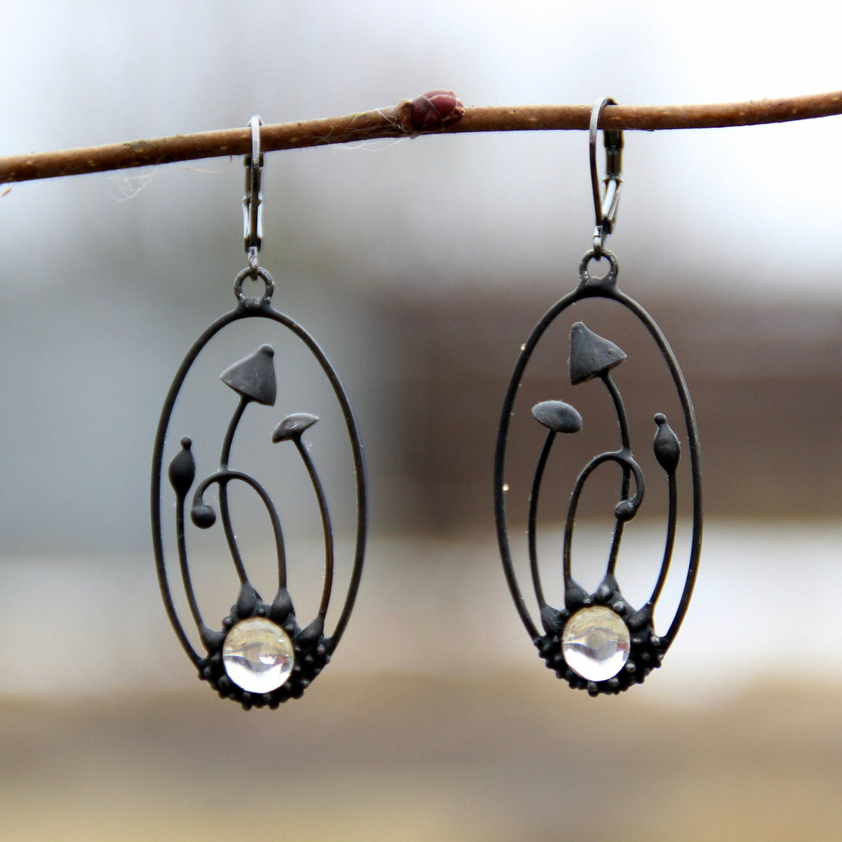 Two Mushroom Clear Glass Earrings – Blackened Copper