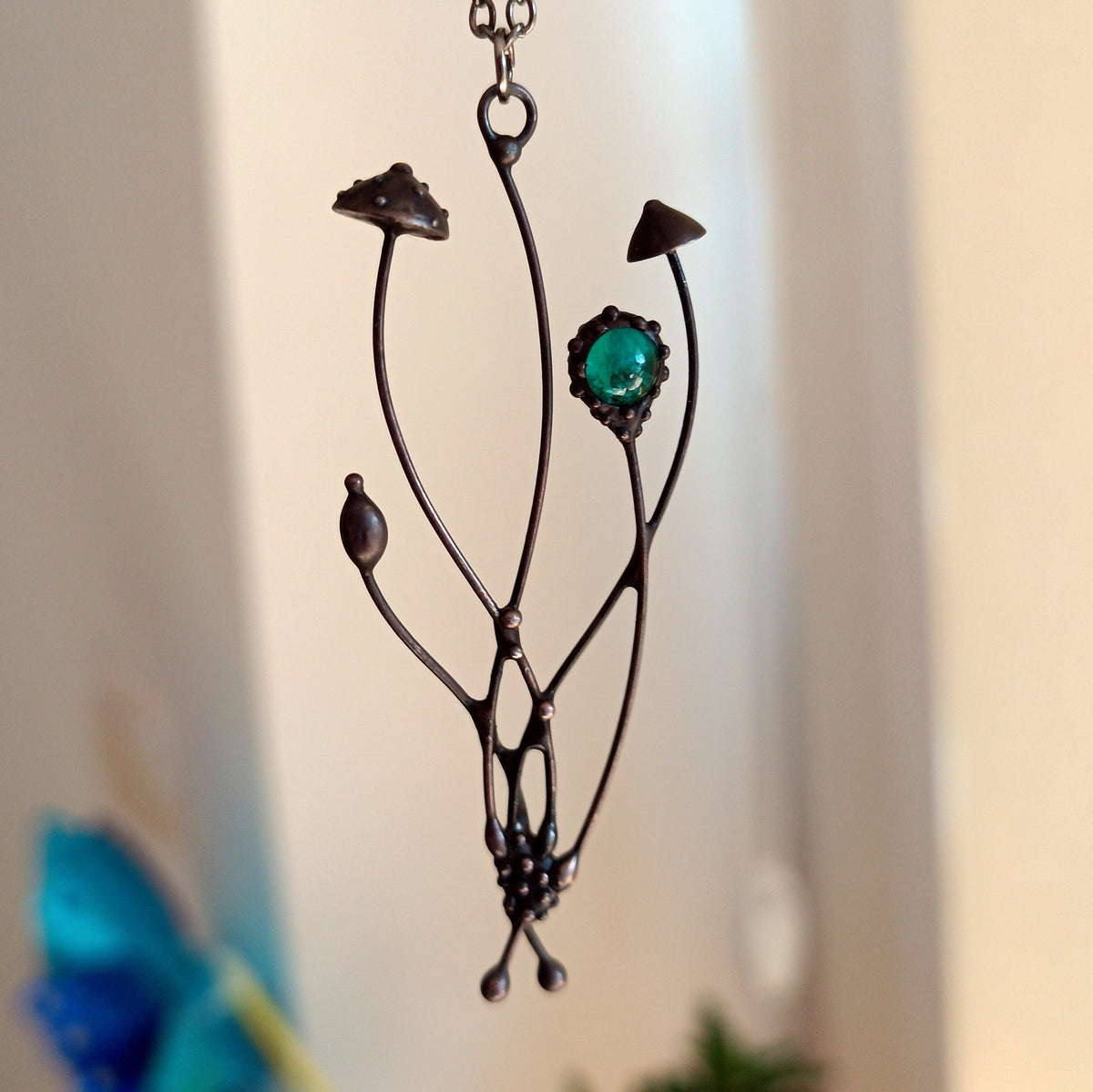 Green Glass Amanita Mushroom Necklace – Blackened Copper Forest Pendant – Botanical