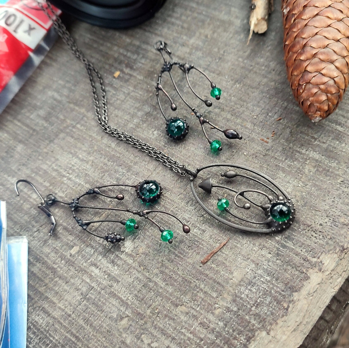 Green Glass Asymmetrical Branch Earrings – Blackened Copper