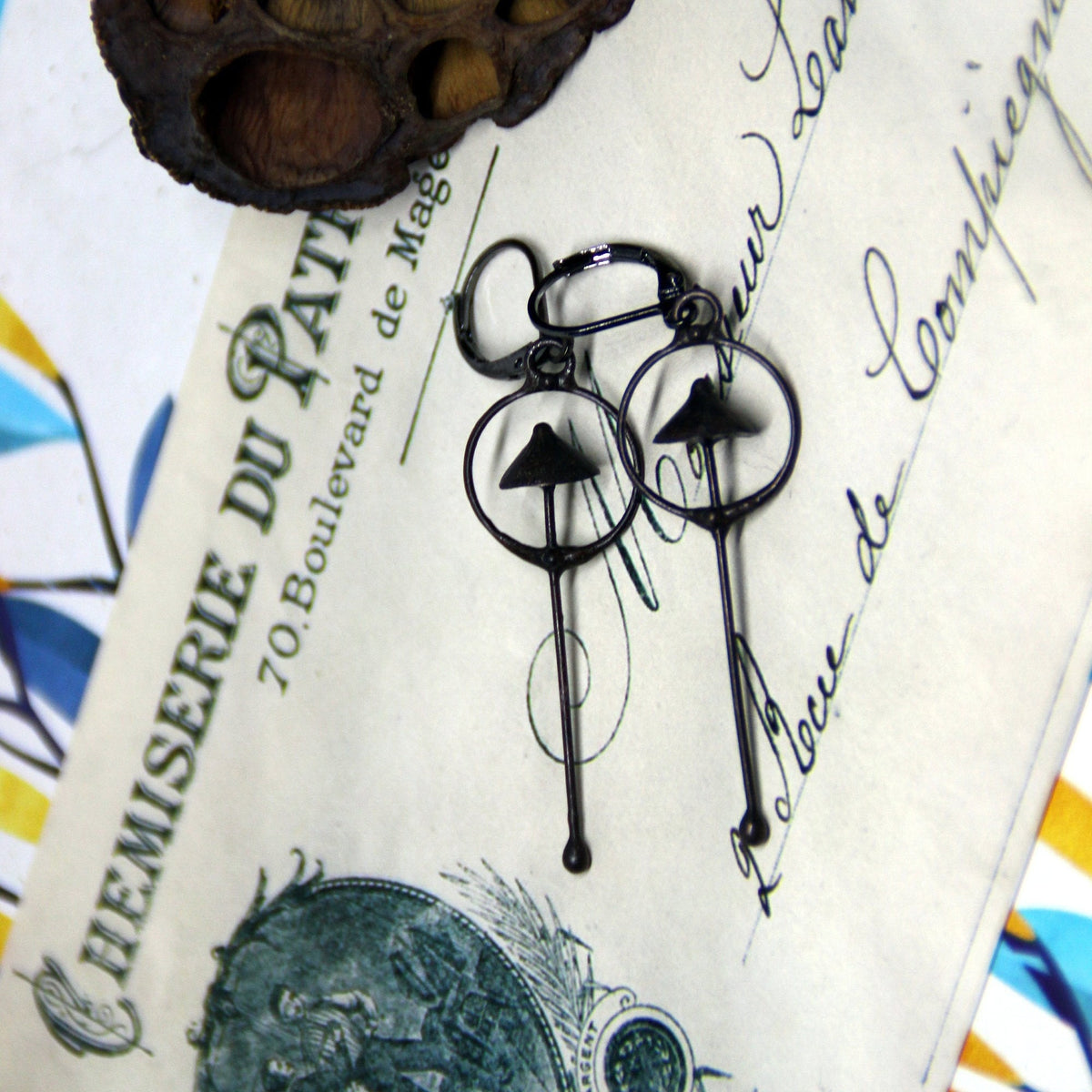 Black Mushroom Earrings – Long Copper & Pewter Forest Dangles – Minimalist Botanical