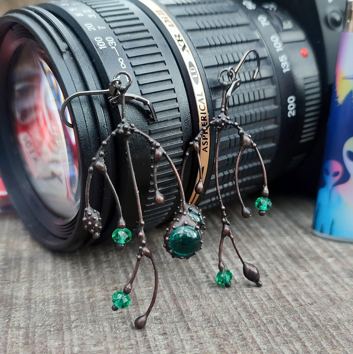 Green Glass Asymmetrical Branch Earrings – Blackened Copper