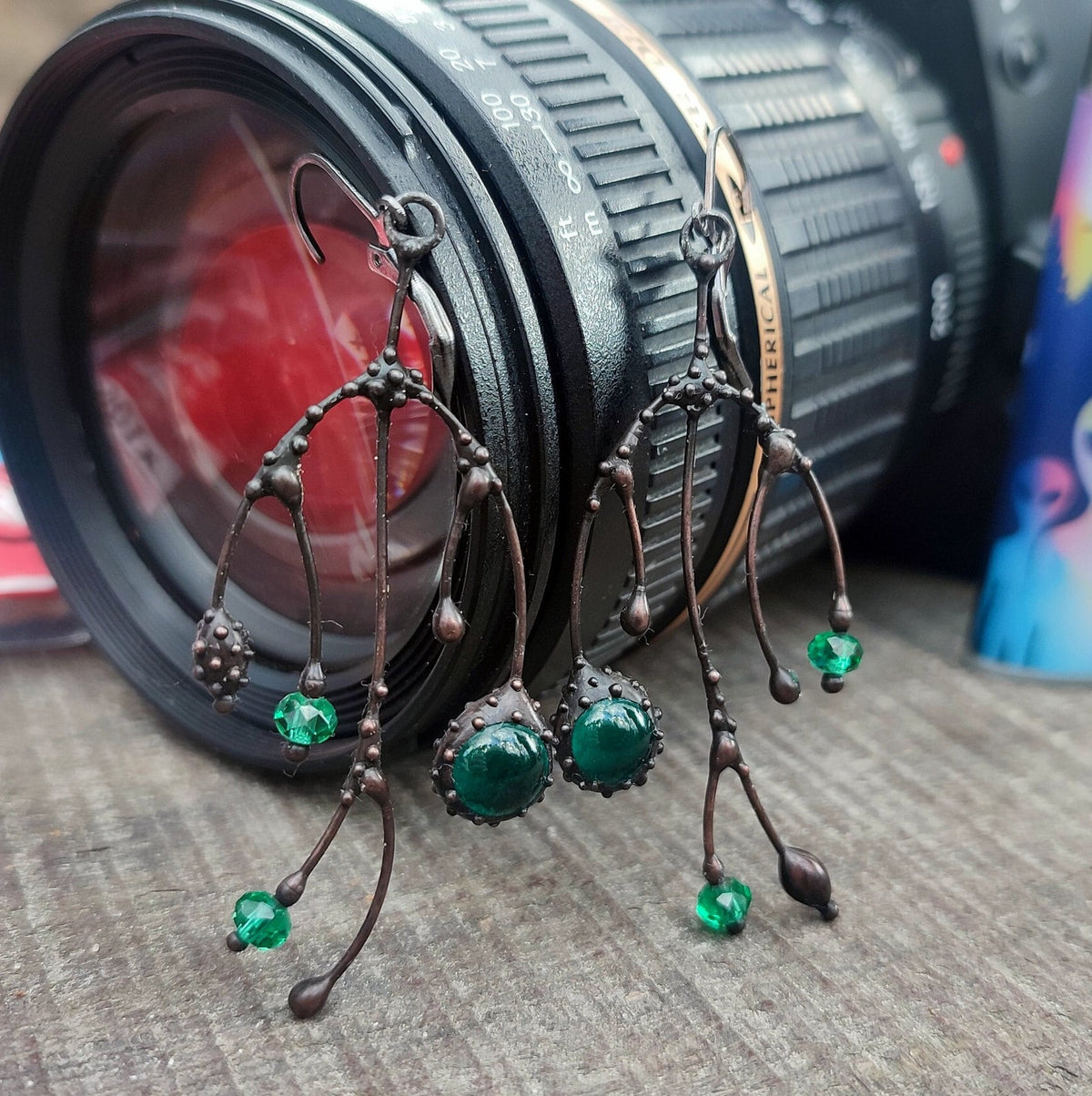 Green Glass Asymmetrical Branch Earrings – Blackened Copper