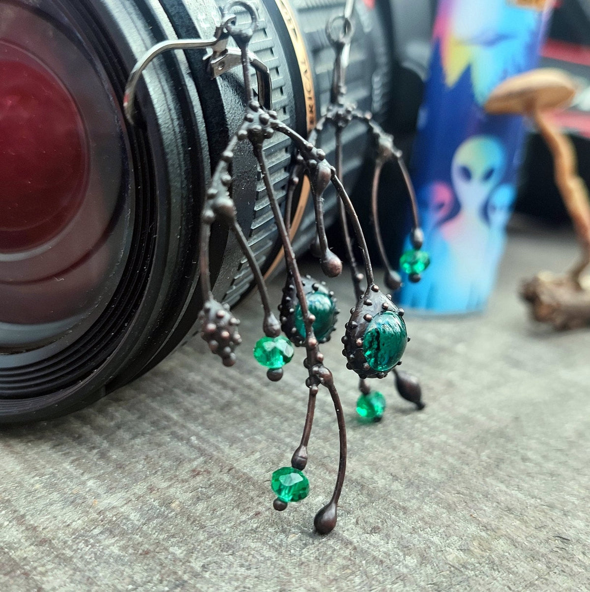 Green Glass Asymmetrical Branch Earrings – Blackened Copper