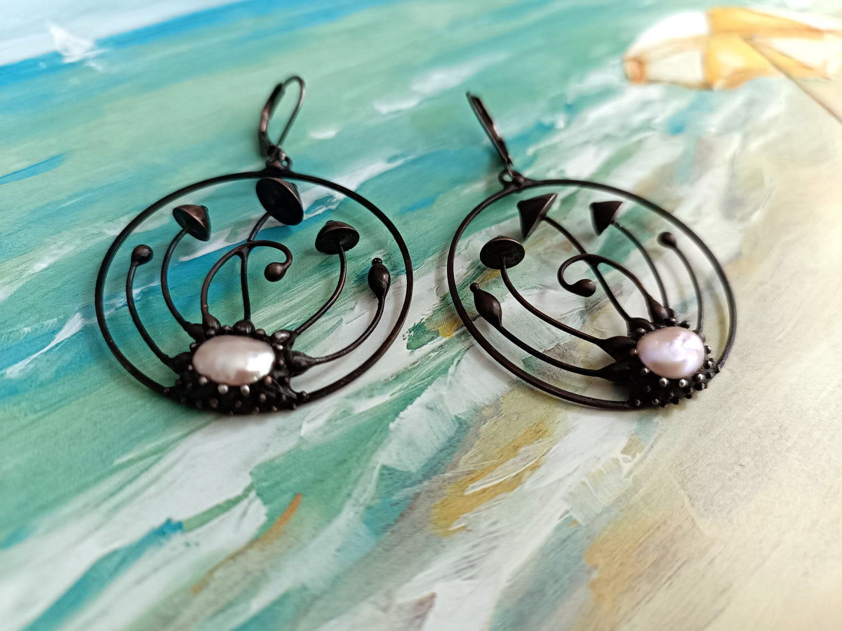 Pearl Mushroom Hoop Earrings – Blackened Copper & Pewter Forest Hoops – Woodland Fairy