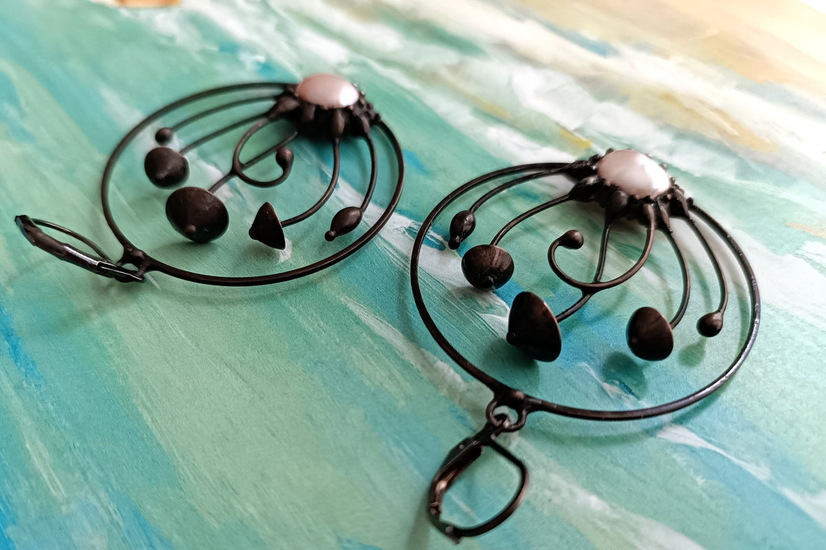 Pearl Mushroom Hoop Earrings – Blackened Copper & Pewter Forest Hoops – Woodland Fairy