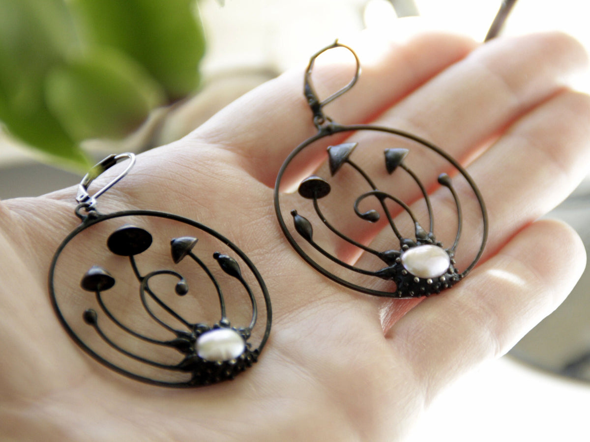 Pearl Mushroom Hoop Earrings – Blackened Copper & Pewter Forest Hoops – Woodland Fairy