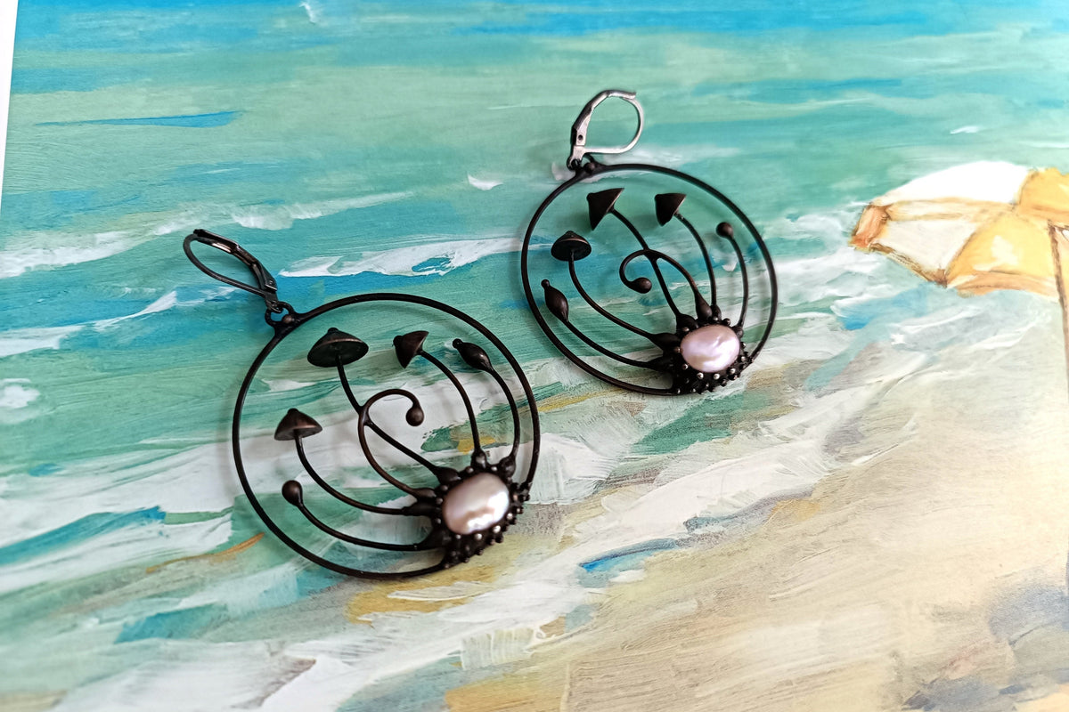 Pearl Mushroom Hoop Earrings – Blackened Copper & Pewter Forest Hoops – Woodland Fairy