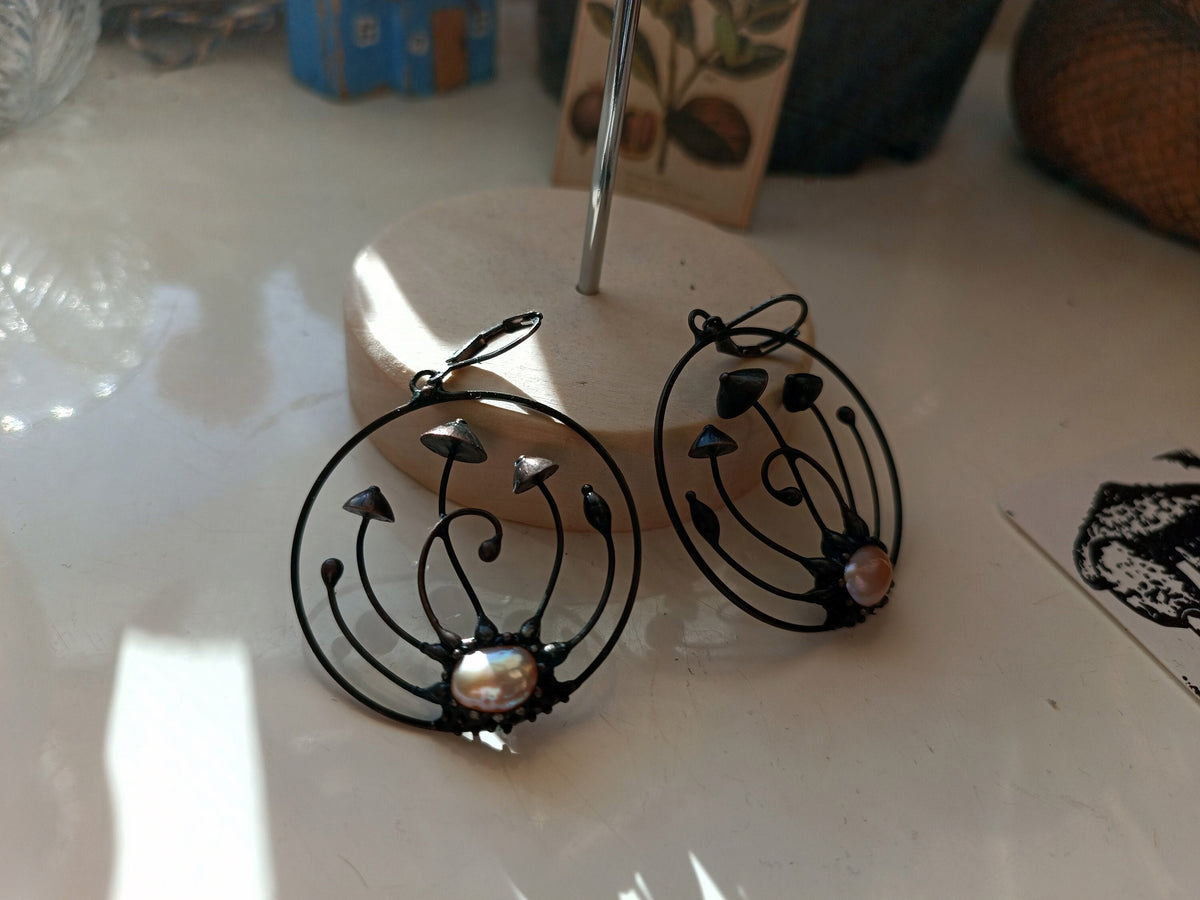 Pearl Mushroom Hoop Earrings – Blackened Copper & Pewter Forest Hoops – Woodland Fairy