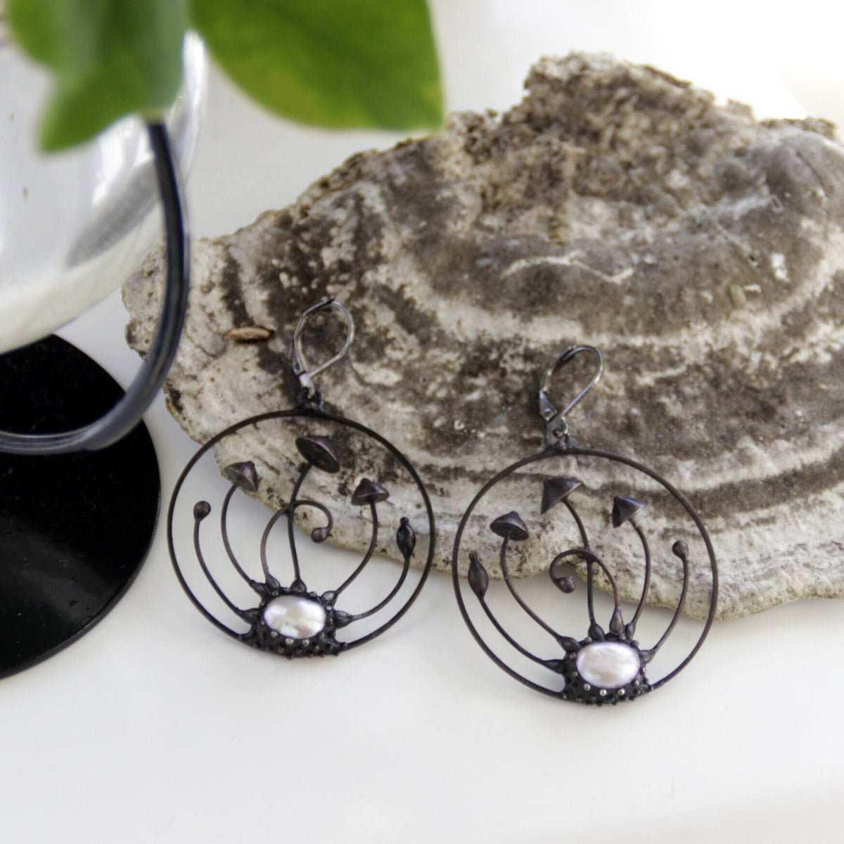 Pearl Mushroom Hoop Earrings – Blackened Copper & Pewter Forest Hoops – Woodland Fairy