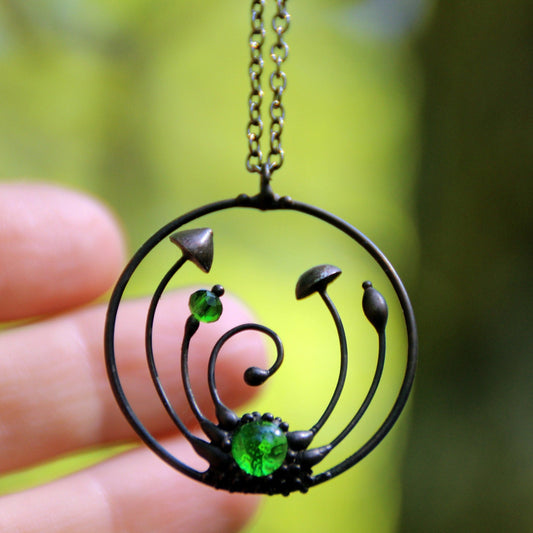 Green Glass Mushroom Necklace – Blackened Copper & Pewter Round Forest Pendant – Botanical