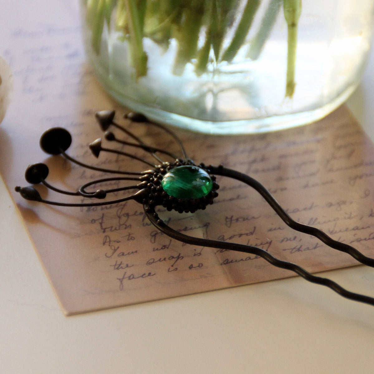 Green Glass Mushroom Hair Pin – Blackened Copper Forest Hair Fork – Witchy Botanical