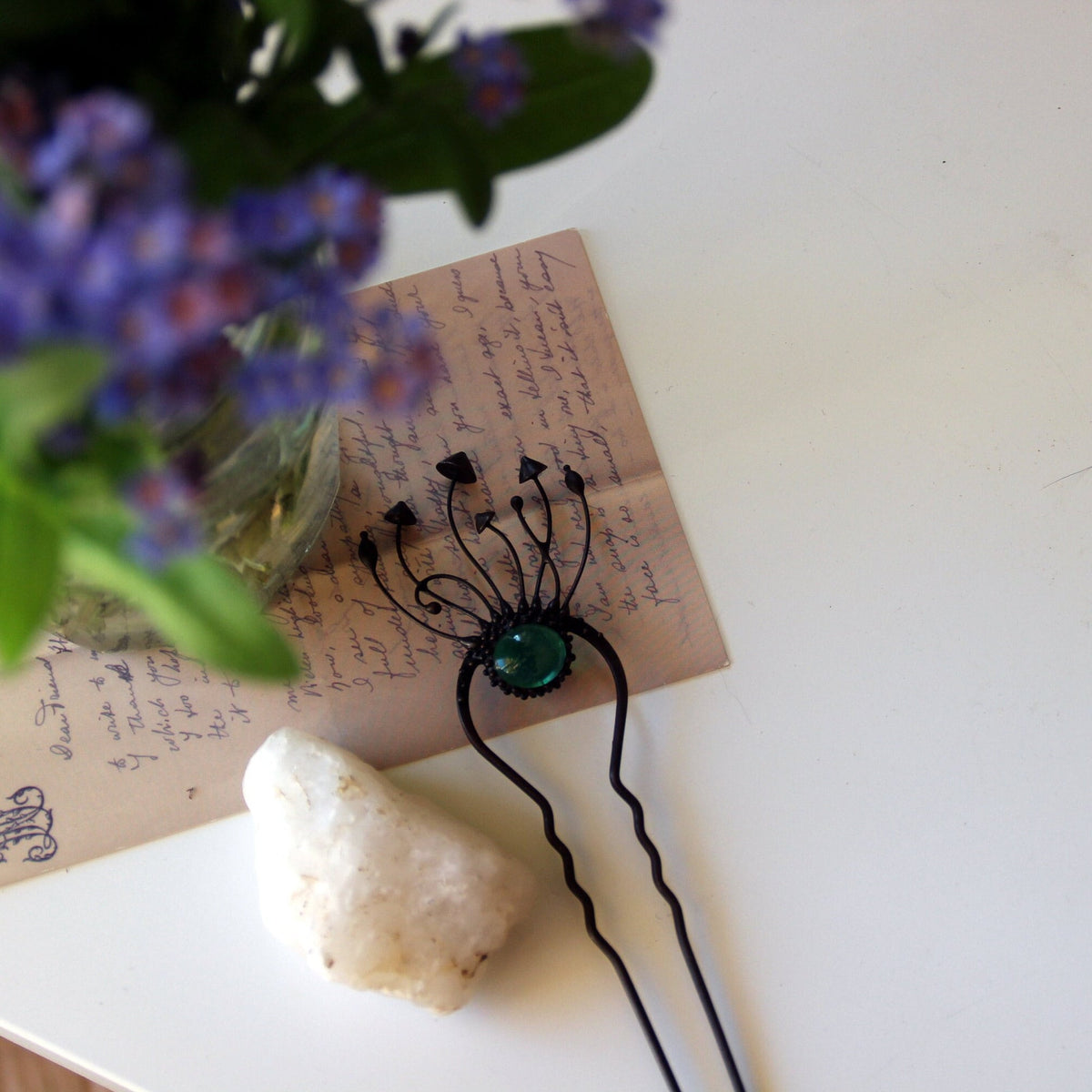 Green Glass Mushroom Hair Pin – Blackened Copper Forest Hair Fork – Witchy Botanical