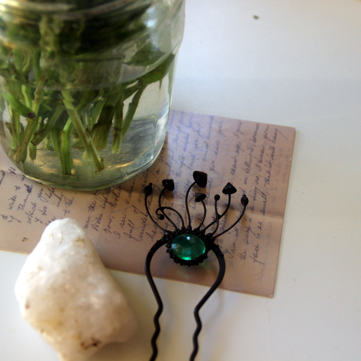 Green Glass Mushroom Hair Pin – Blackened Copper Forest Hair Fork – Witchy Botanical