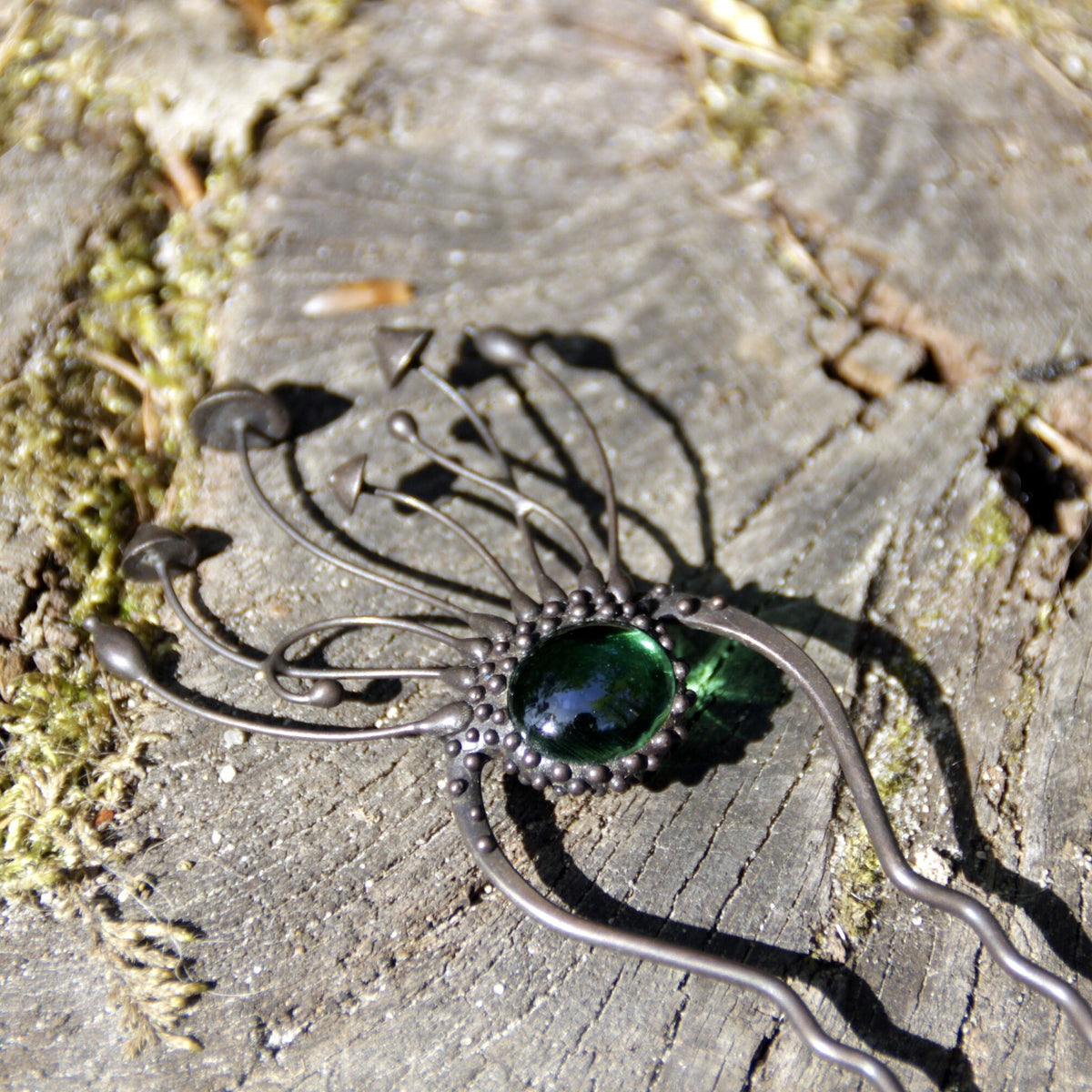 Green Glass Mushroom Hair Pin – Blackened Copper Forest Hair Fork – Witchy Botanical