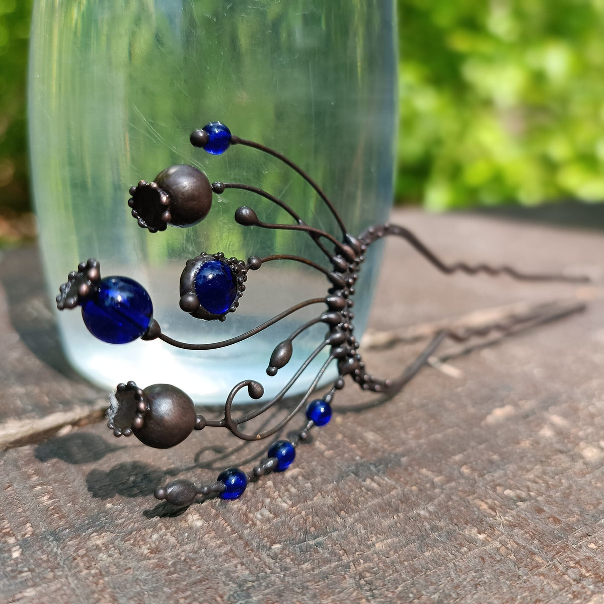Cobalt Blue Glass Poppy Hair Pin – Blackened Copper