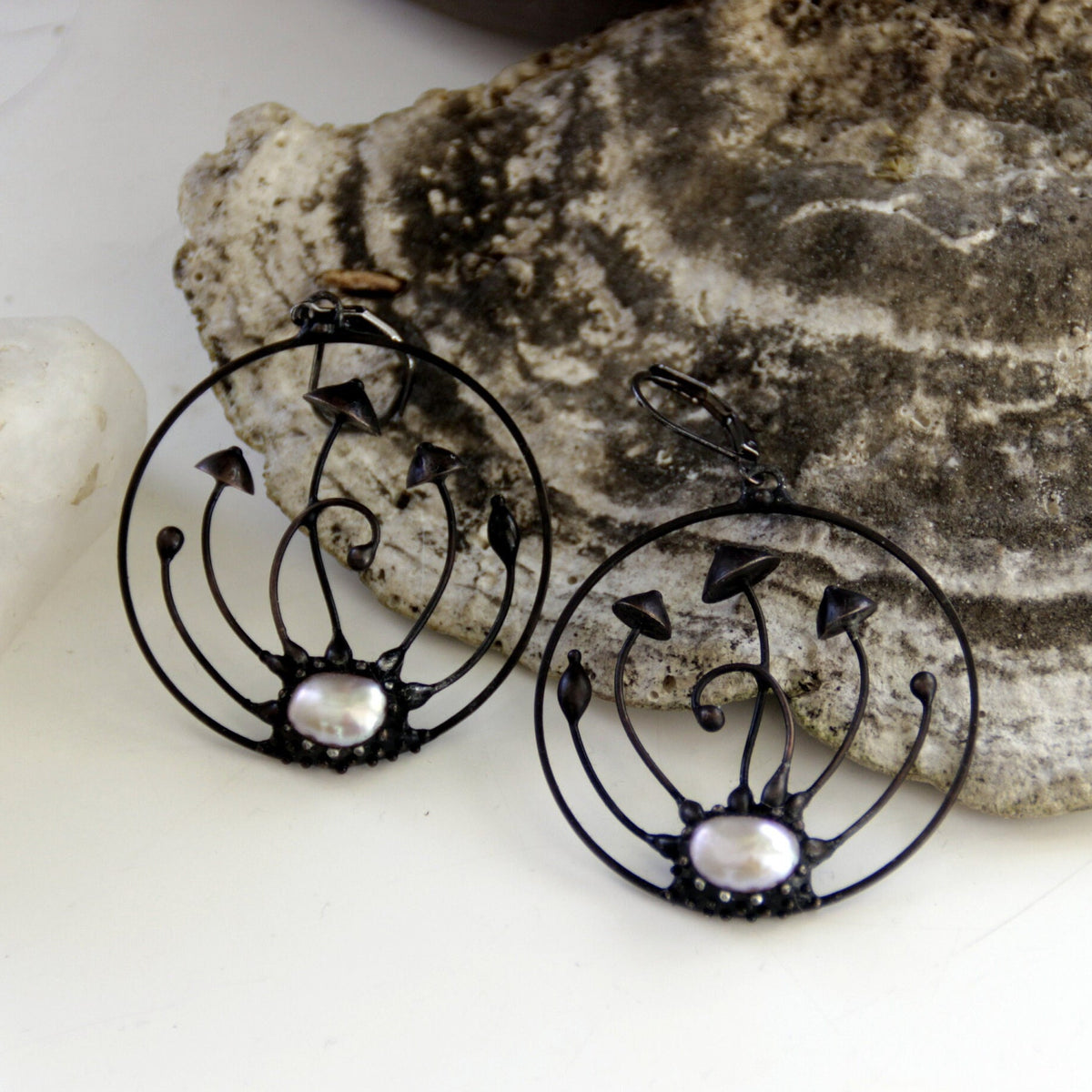 Pearl Mushroom Hoop Earrings – Blackened Copper & Pewter Forest Hoops – Woodland Fairy