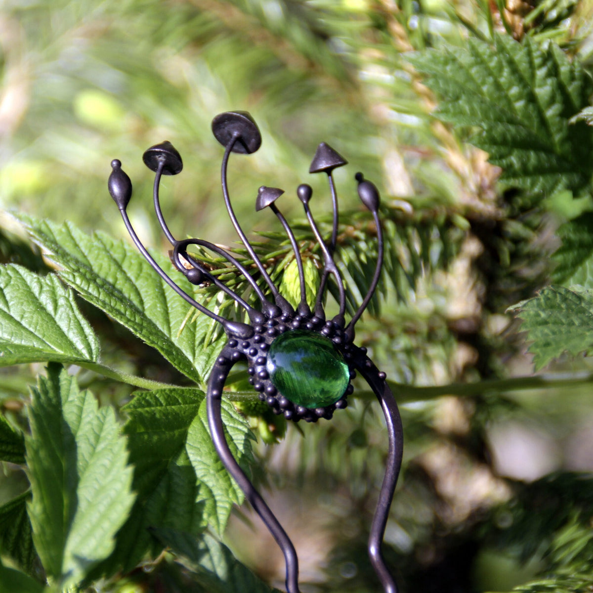 Green Glass Mushroom Hair Pin – Blackened Copper Forest Hair Fork – Witchy Botanical
