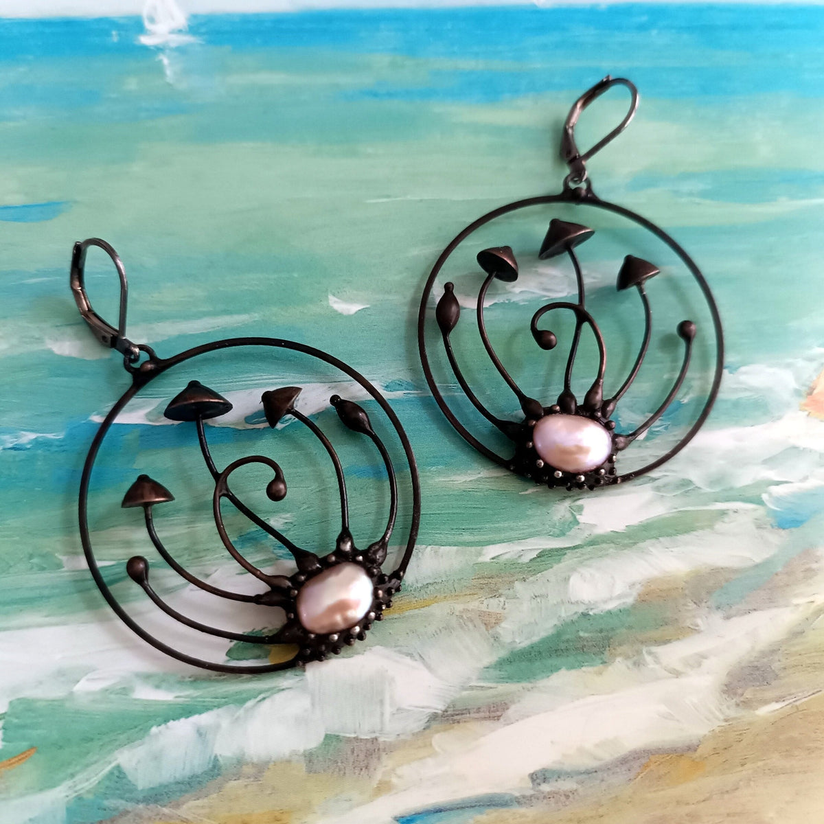 Pearl Mushroom Hoop Earrings – Blackened Copper & Pewter Forest Hoops – Woodland Fairy