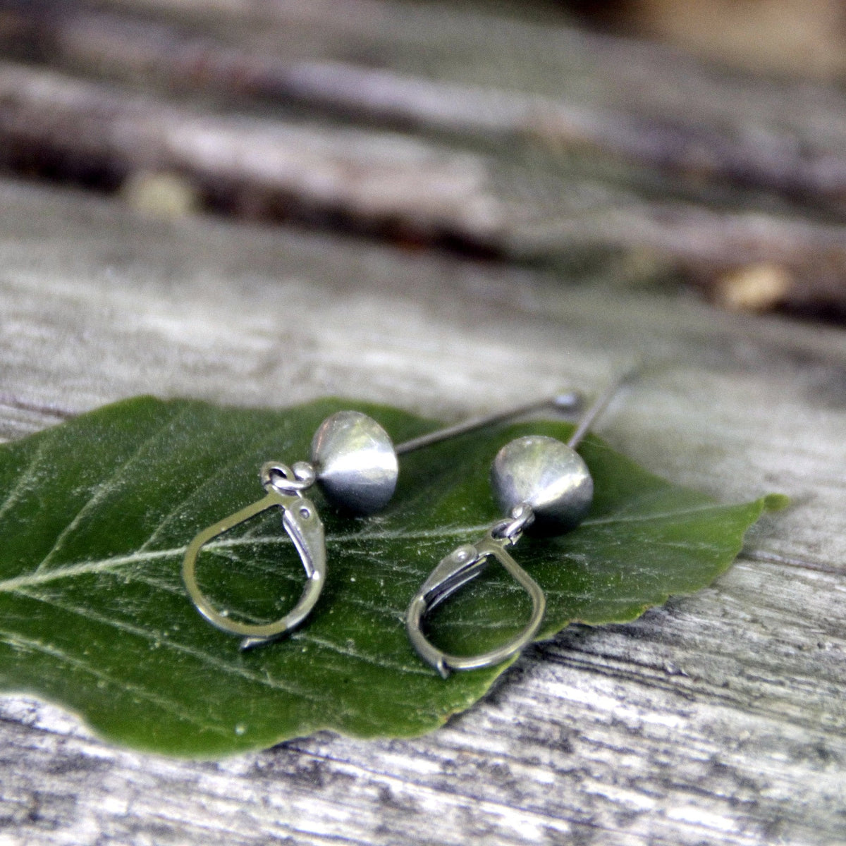 Silver Mushroom Earrings – Copper & Pewter Long Stem Dangles – Minimalist Forest