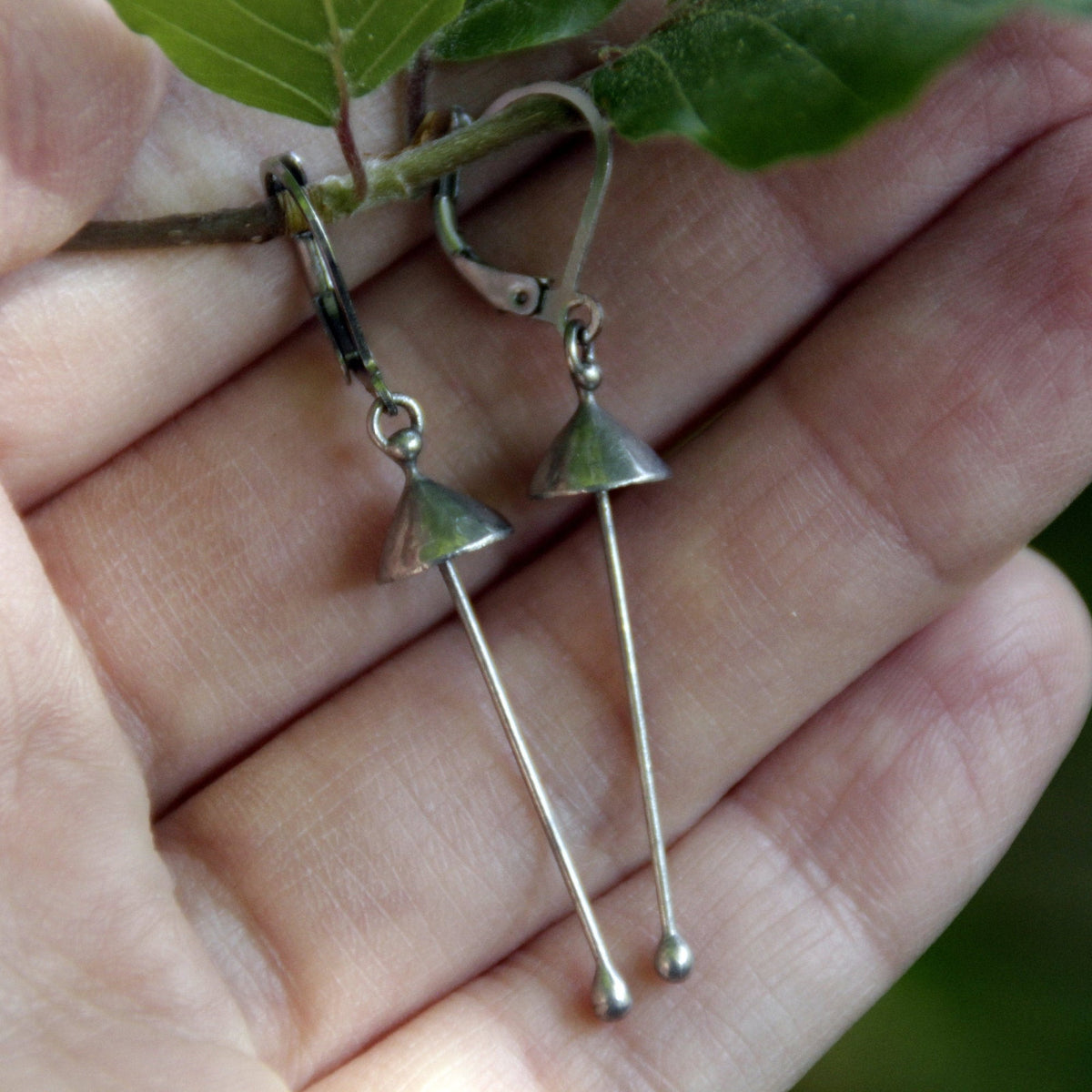 Silver Mushroom Earrings – Copper & Pewter Long Stem Dangles – Minimalist Forest
