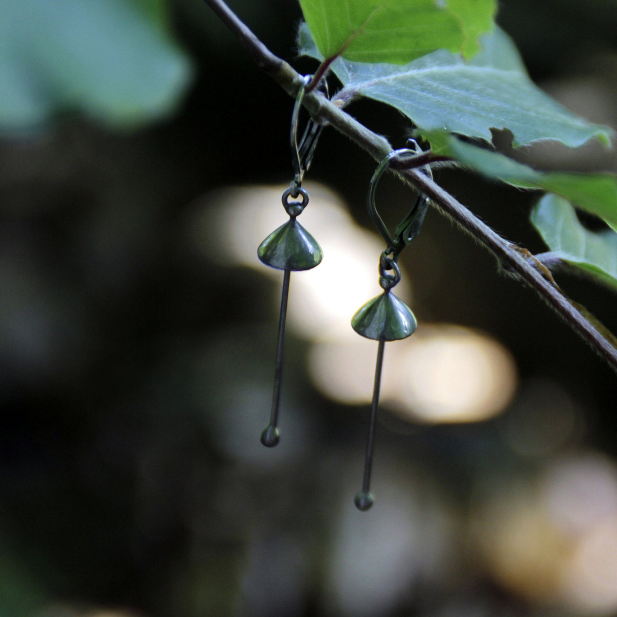 Silver Mushroom Earrings – Copper & Pewter Long Stem Dangles – Minimalist Forest