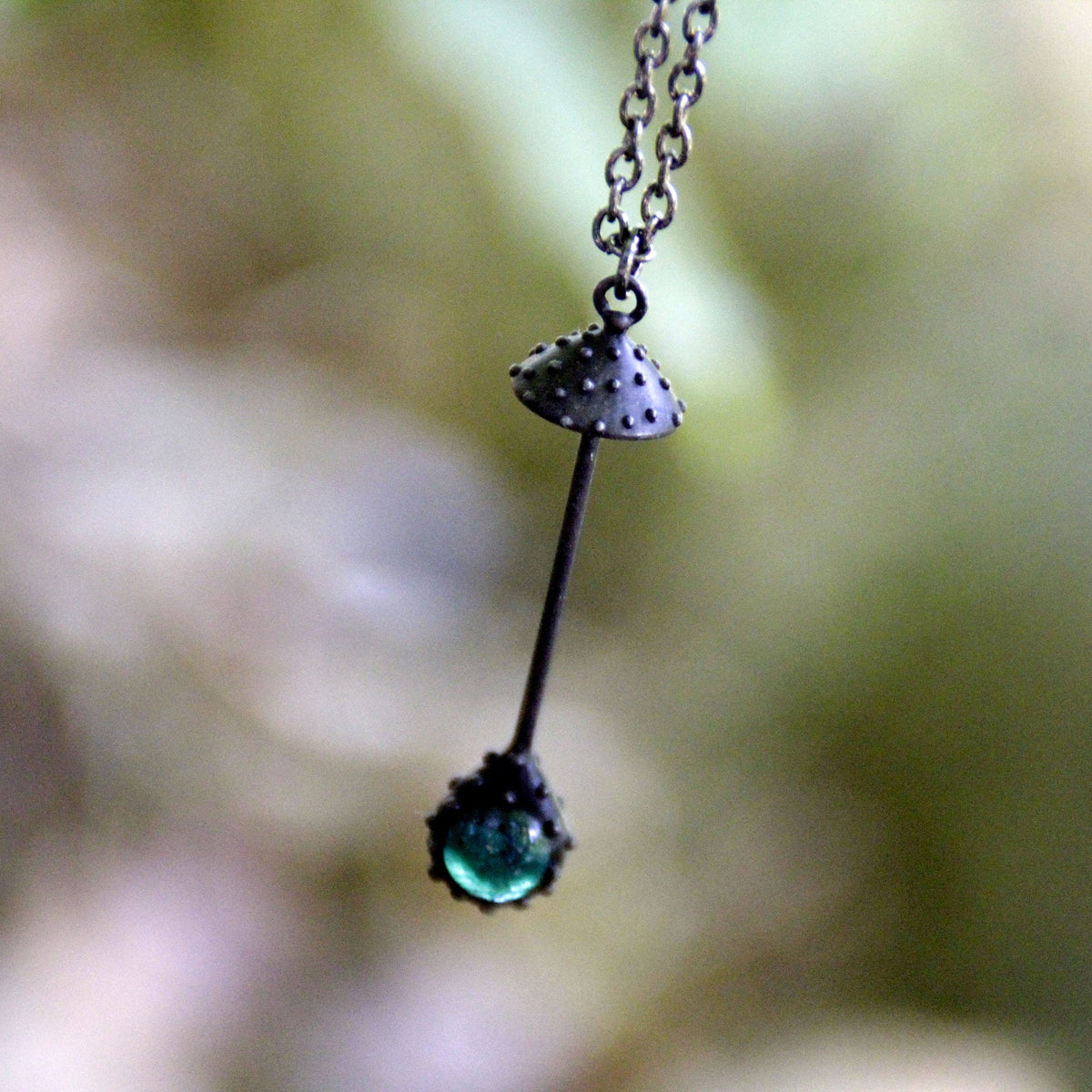 Green Glass Amanita Mushroom Necklace – Blackened Copper Long Stem Forest Pendant