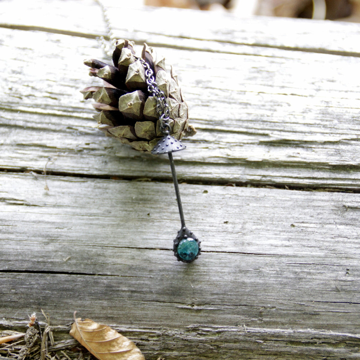 Green Glass Amanita Mushroom Necklace – Blackened Copper Long Stem Forest Pendant