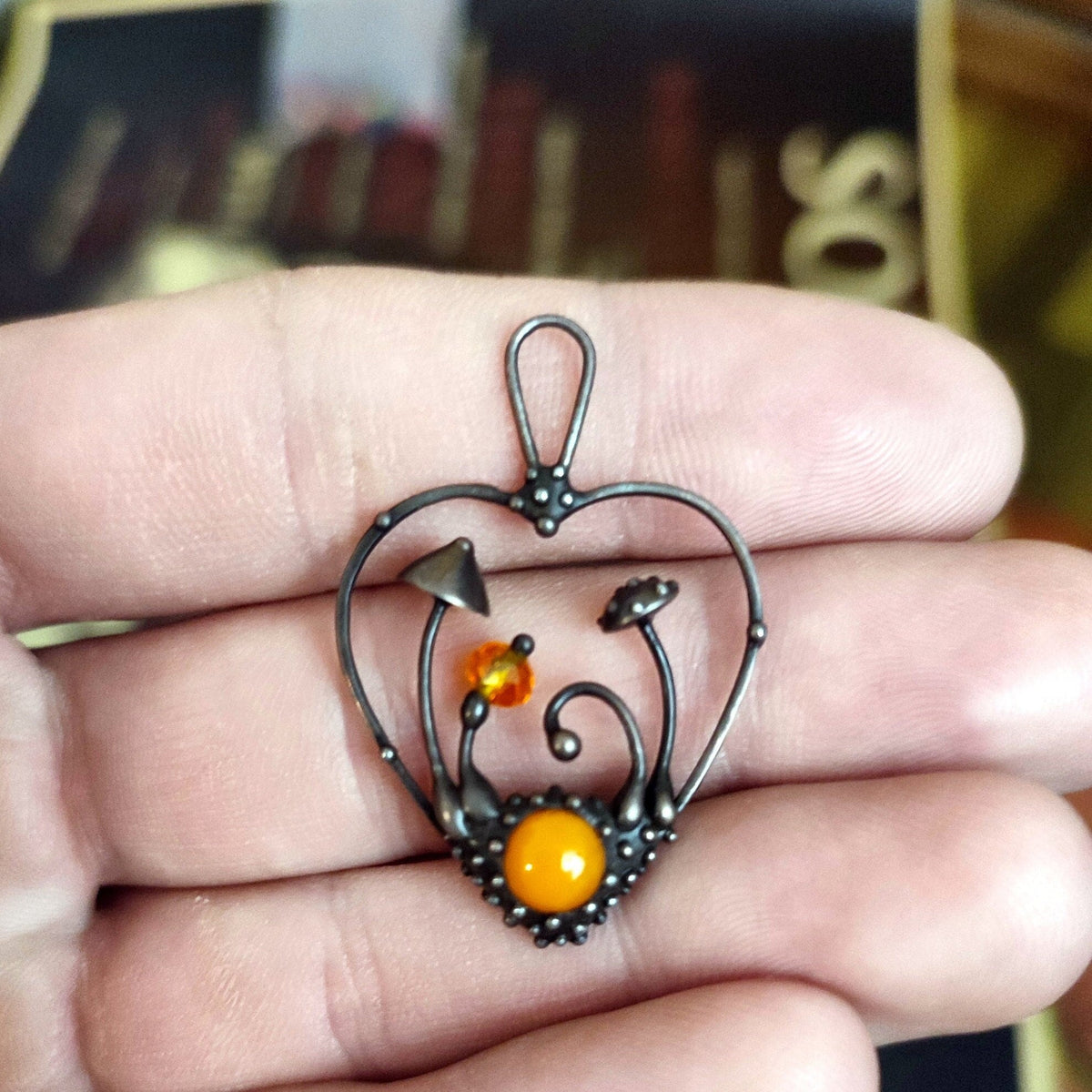 Orange Glass Mushroom Necklace – Blackened Copper