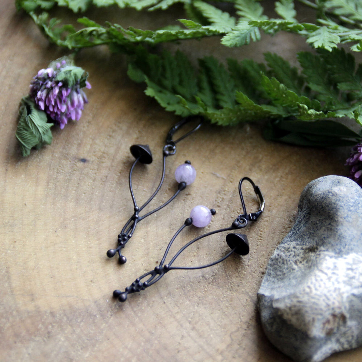 Rose Quartz Mushroom Earrings – Blackened Copper