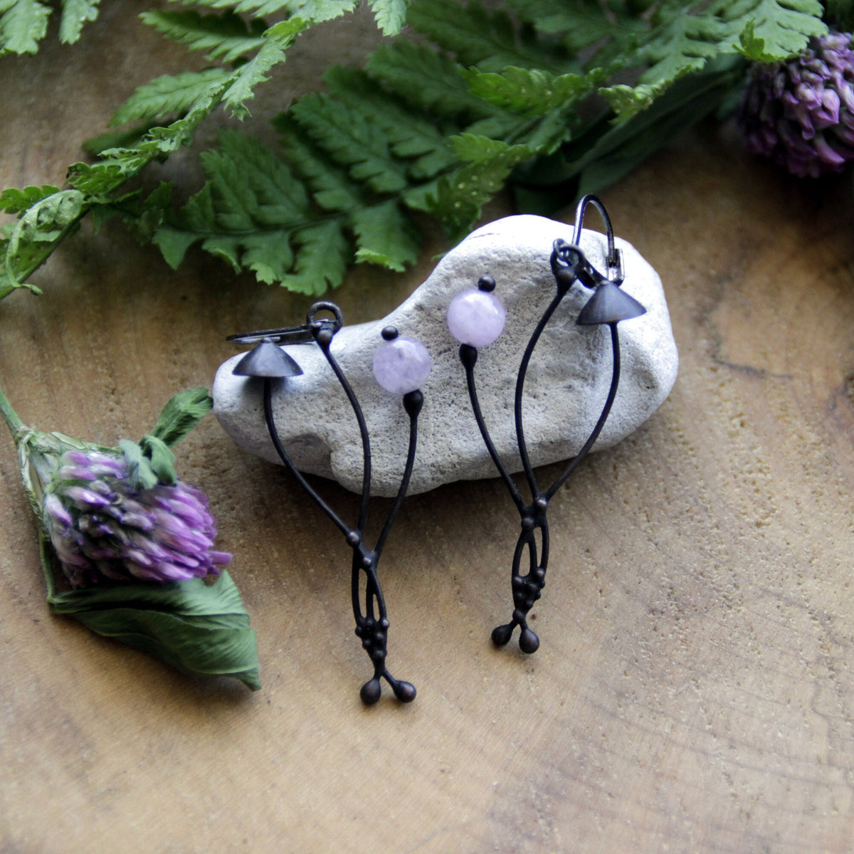 Rose Quartz Mushroom Earrings – Blackened Copper