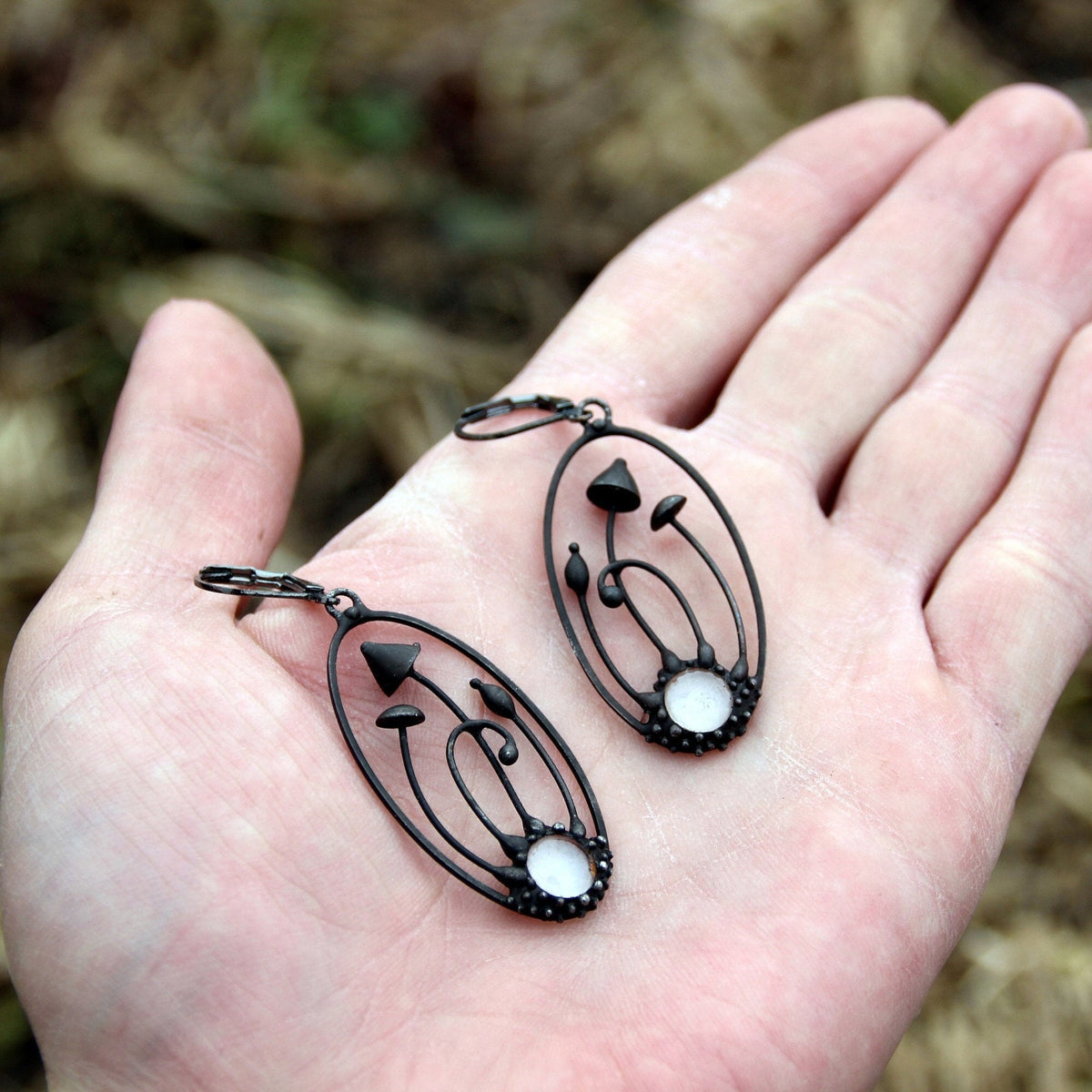 Two Mushroom Clear Glass Earrings – Blackened Copper