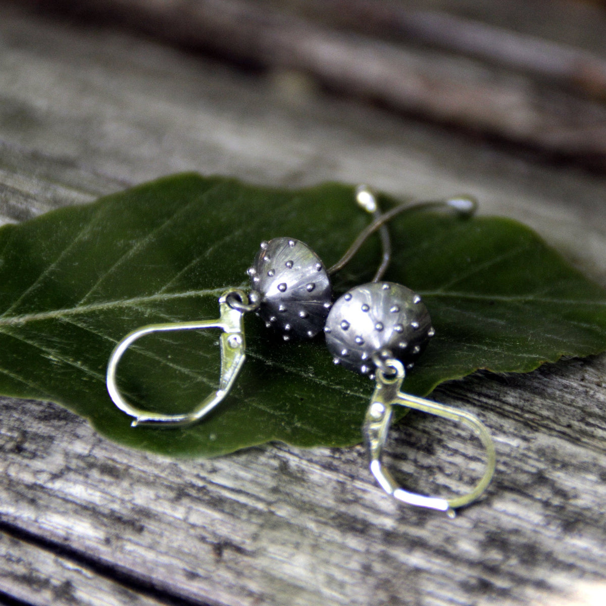 Silver Amanita Mushroom Earrings – Copper & Pewter Long Stem Dangles – Fairy Forest