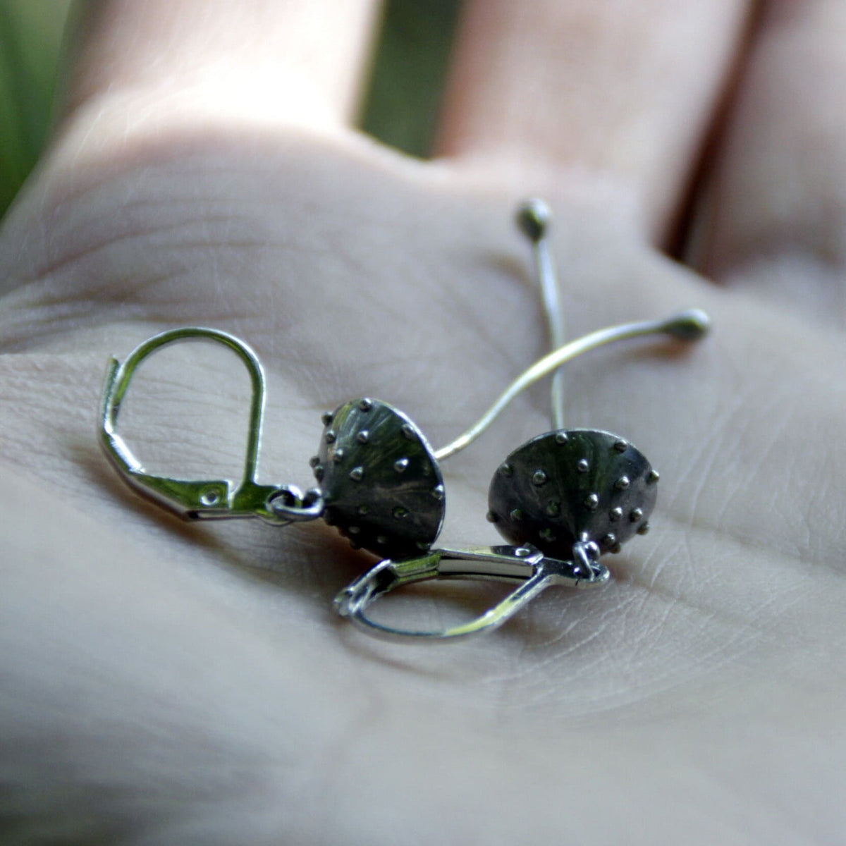 Silver Amanita Mushroom Earrings – Copper & Pewter Long Stem Dangles – Fairy Forest