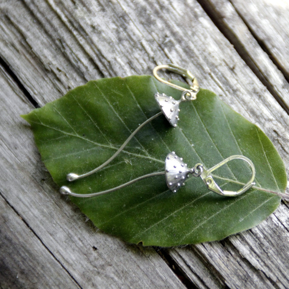 Silver Amanita Mushroom Earrings – Copper & Pewter Long Stem Dangles – Fairy Forest