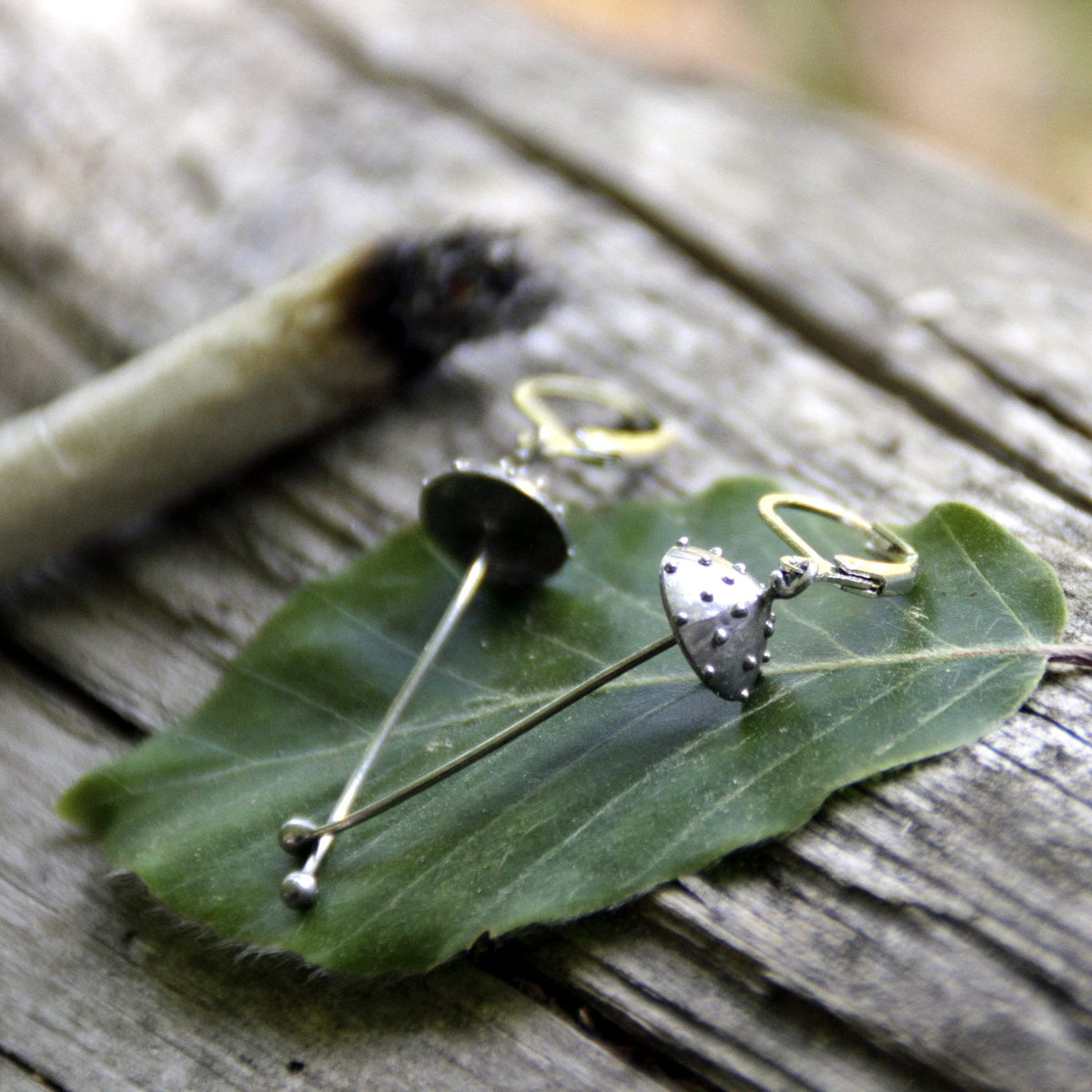 Silver Amanita Mushroom Earrings – Copper & Pewter Long Stem Dangles – Fairy Forest
