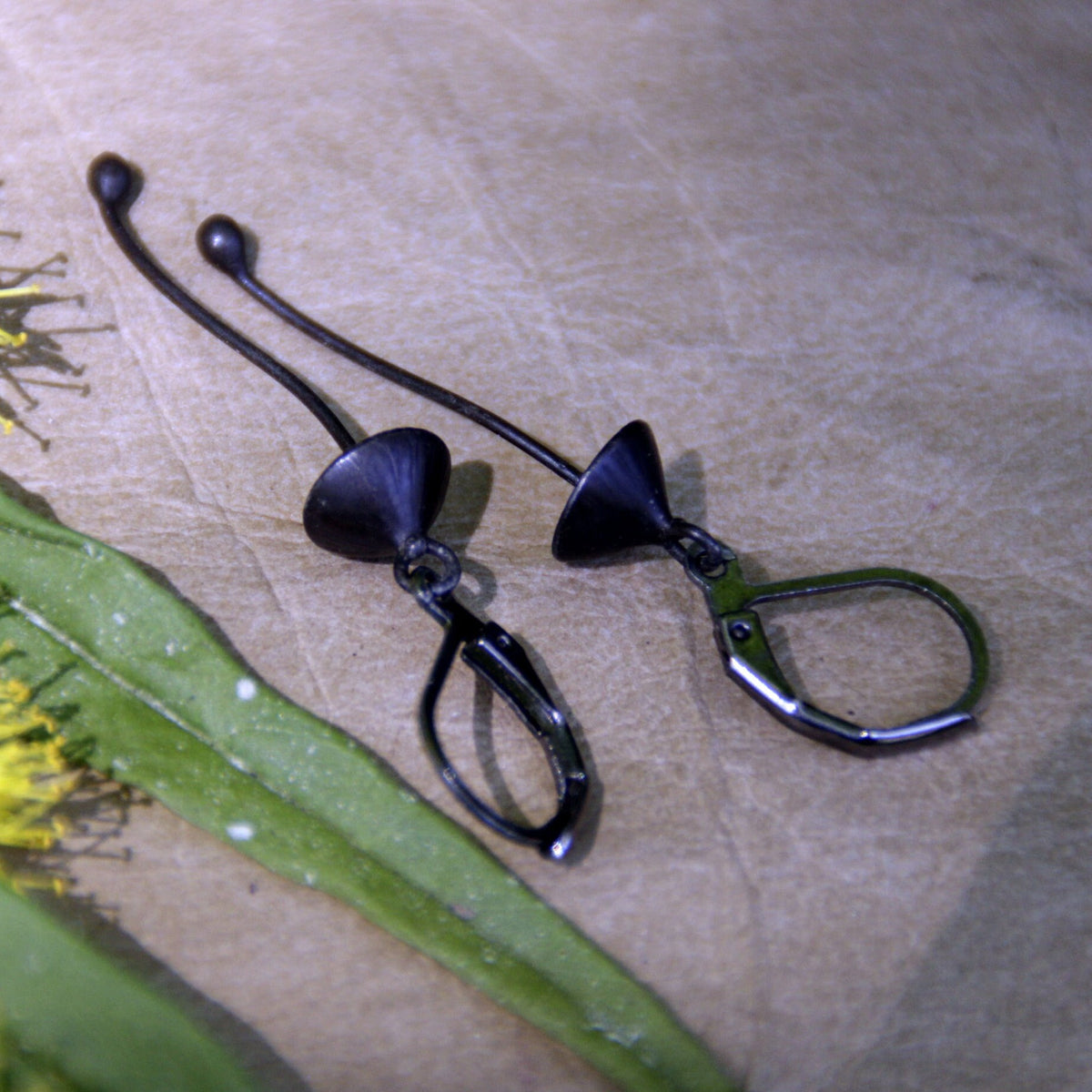 Black Mushroom Earrings – Copper & Pewter Long Stem Dangles – Minimalist Forest